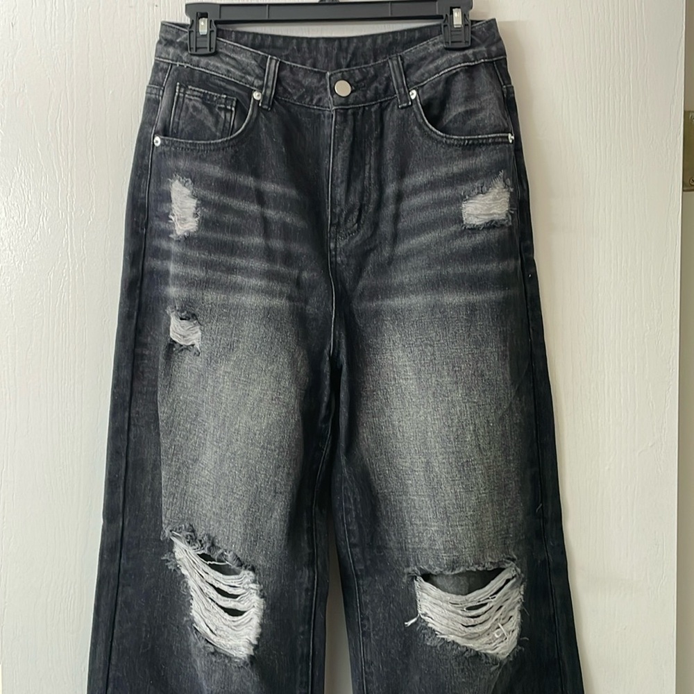Cider black distressed wide leg jeans